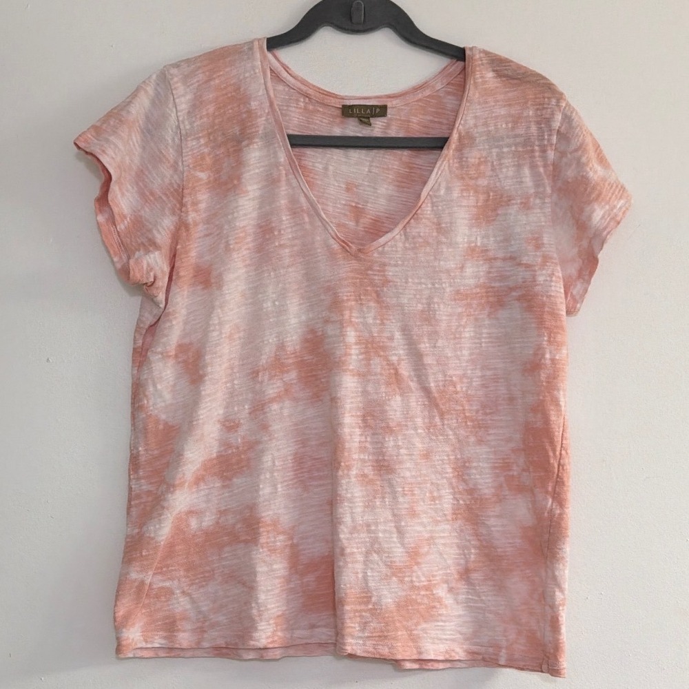 Lilla P Womens Peach White Tie Dye Cotton Slub V-Neck Short Sleeve Top Large